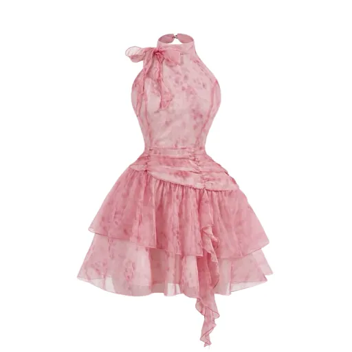 Pink Tie-Dye Halter Neck Ruffle Dress