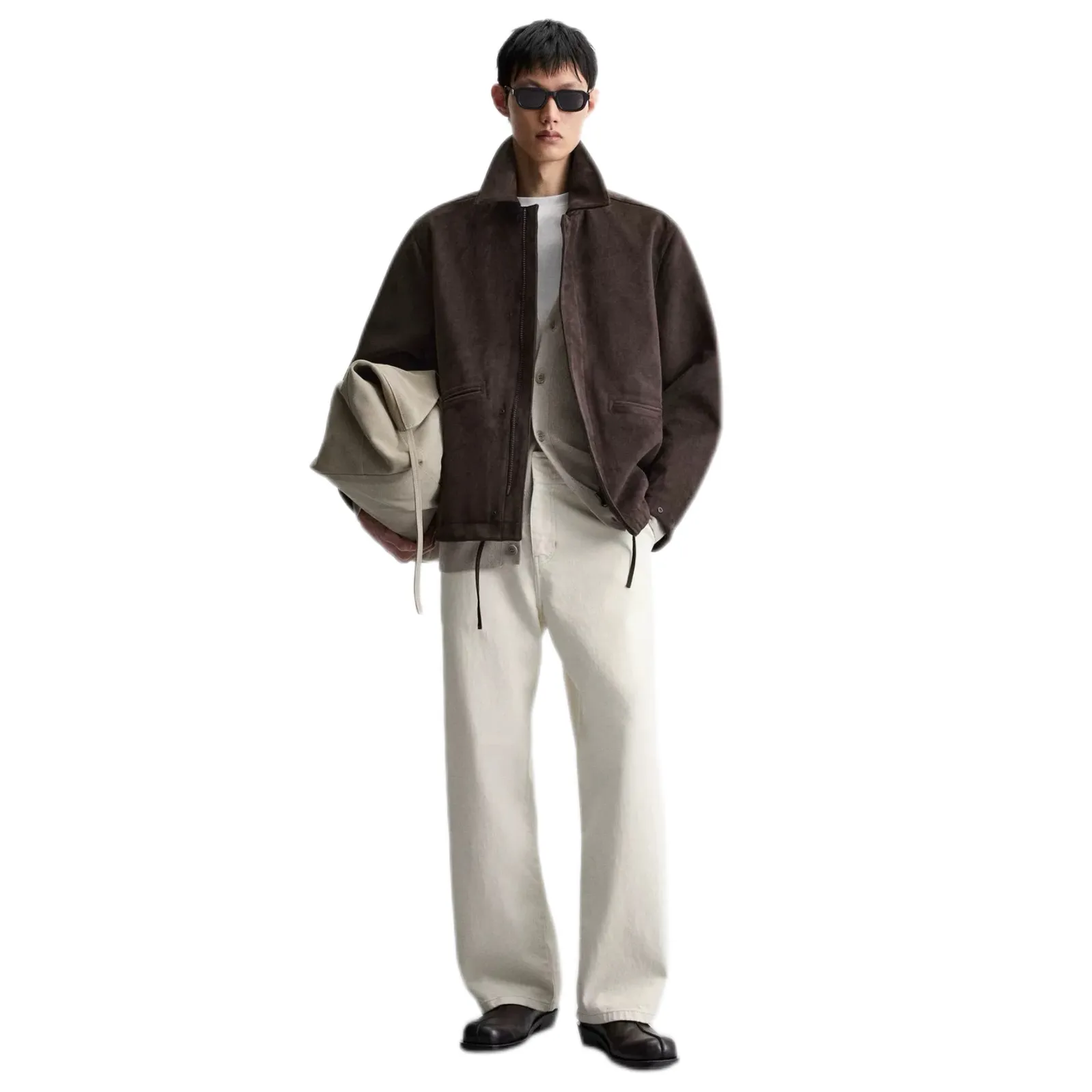 Brown Bomber Jacket with Beige Pants Outfit