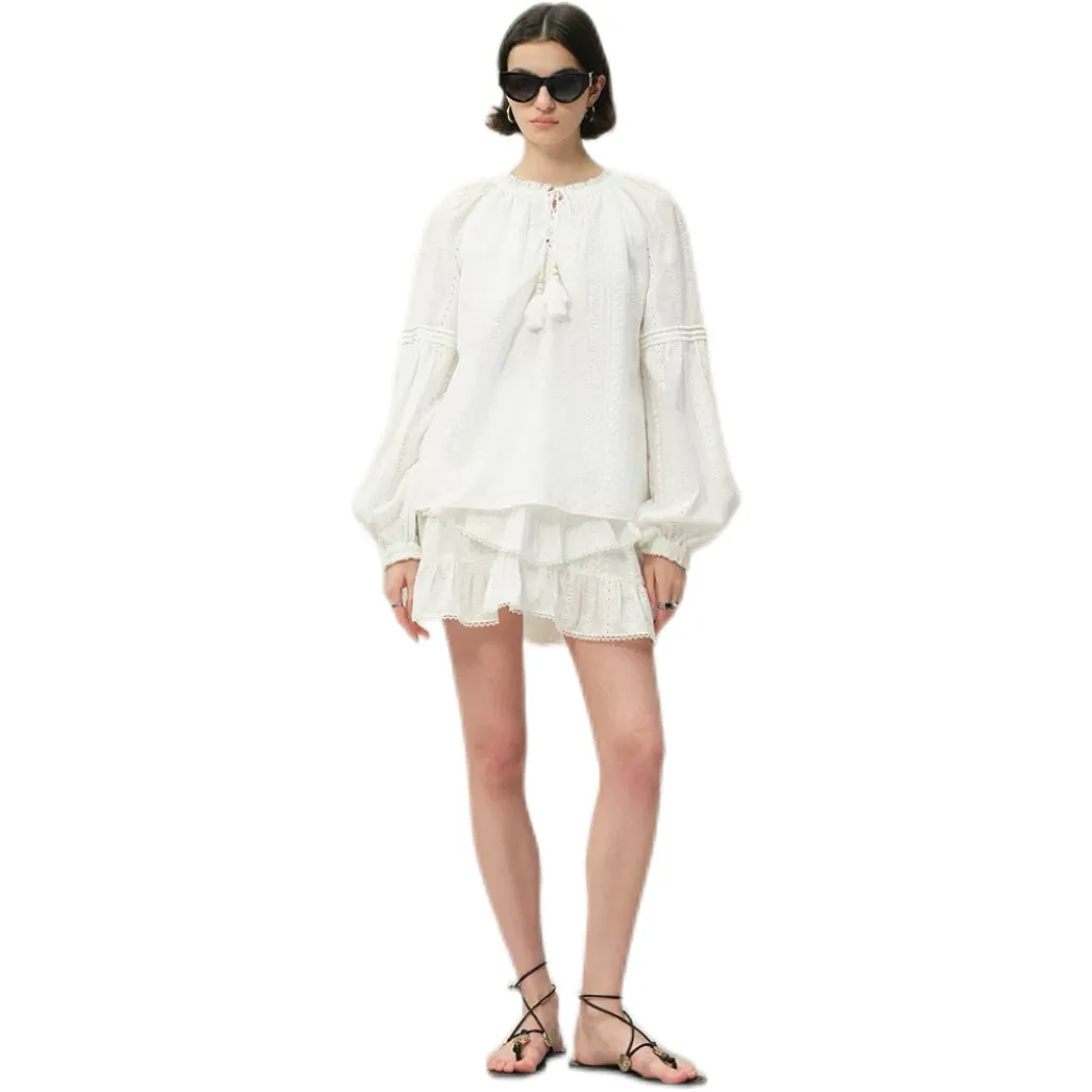 White Long Sleeve Ruffle Hem Blouse